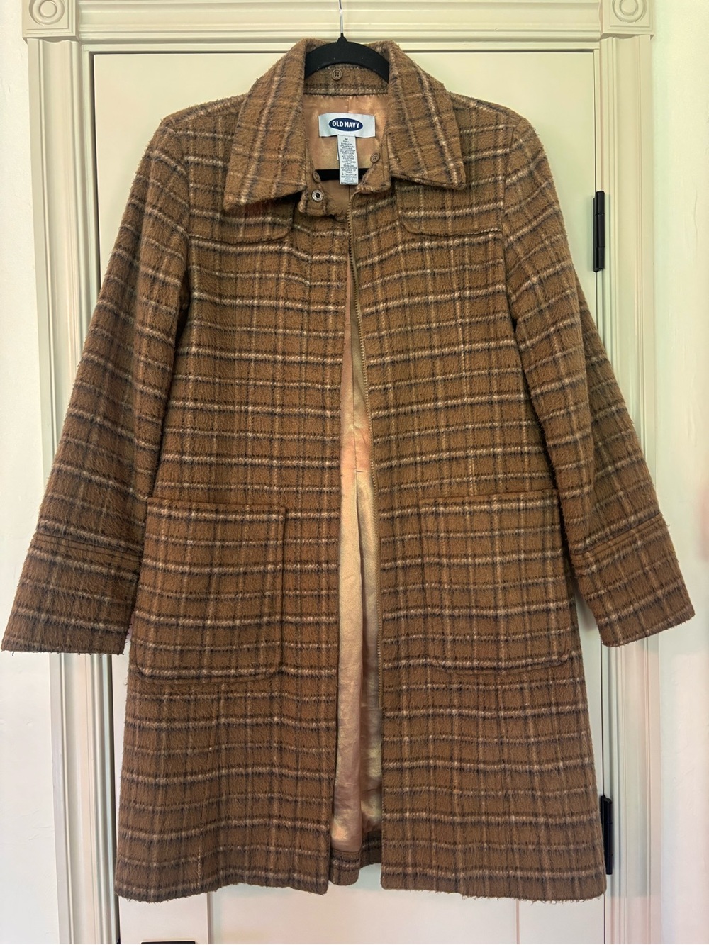 Vintage Brown Plaid Wool-Blend Old Navy Y2K Preppy Twill Trench Academia Coat M